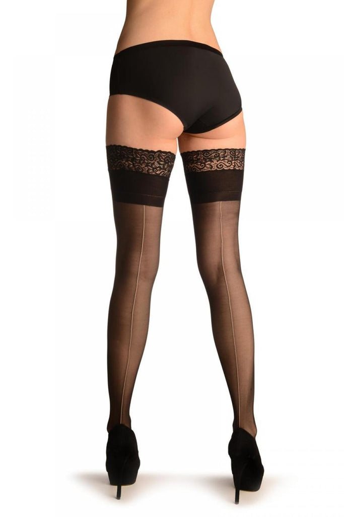 liss kiss Black With Beige Seam And Silicon Floral Garter - Hold Ups