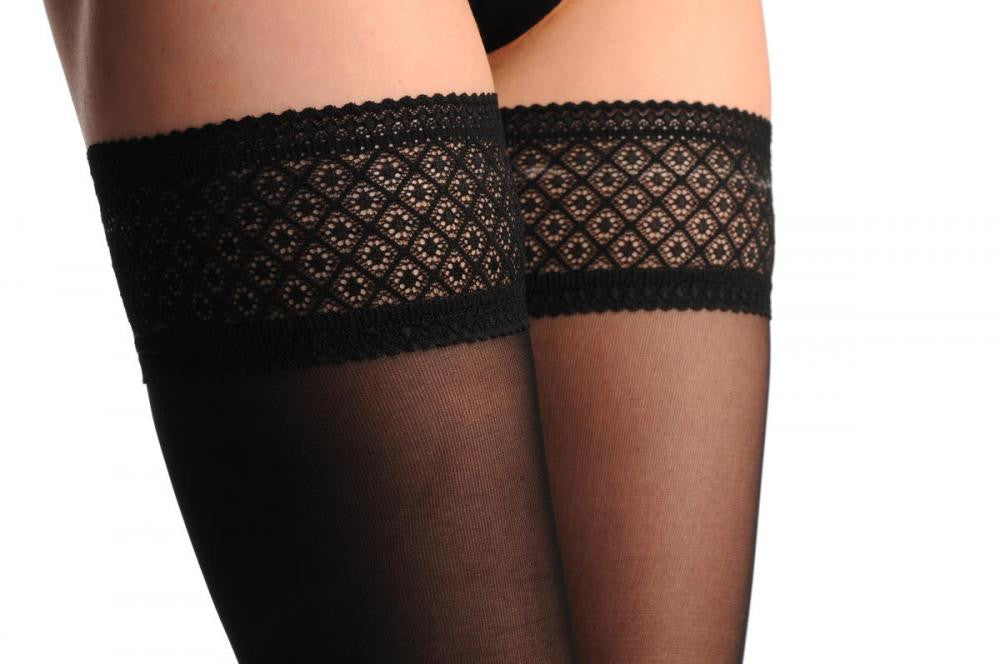 Liss Kiss Black With Black Checkered Silicon Lace - Hold Ups