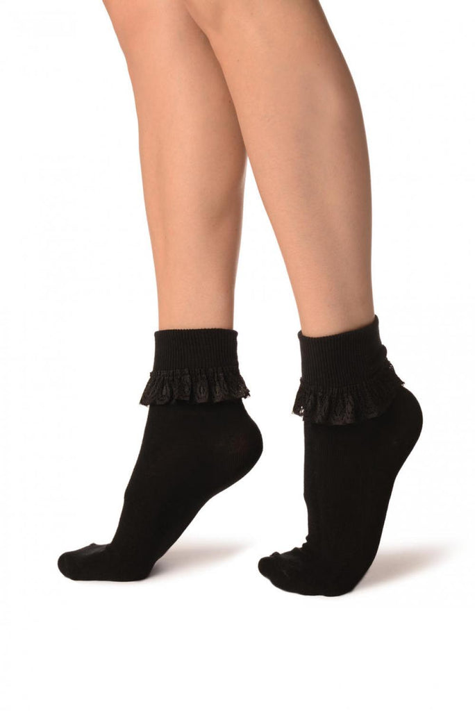 Liss Kiss Black With Black Lace Trim Ankle High Socks - Socks