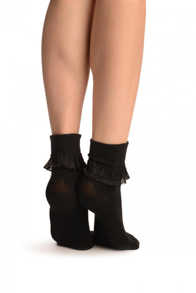 Liss Kiss Black With Black Lace Trim Ankle High Socks - Socks