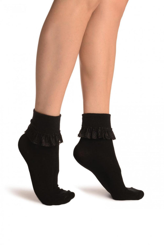 liss kiss Black With Black Lace Trim Ankle High Socks - Socks