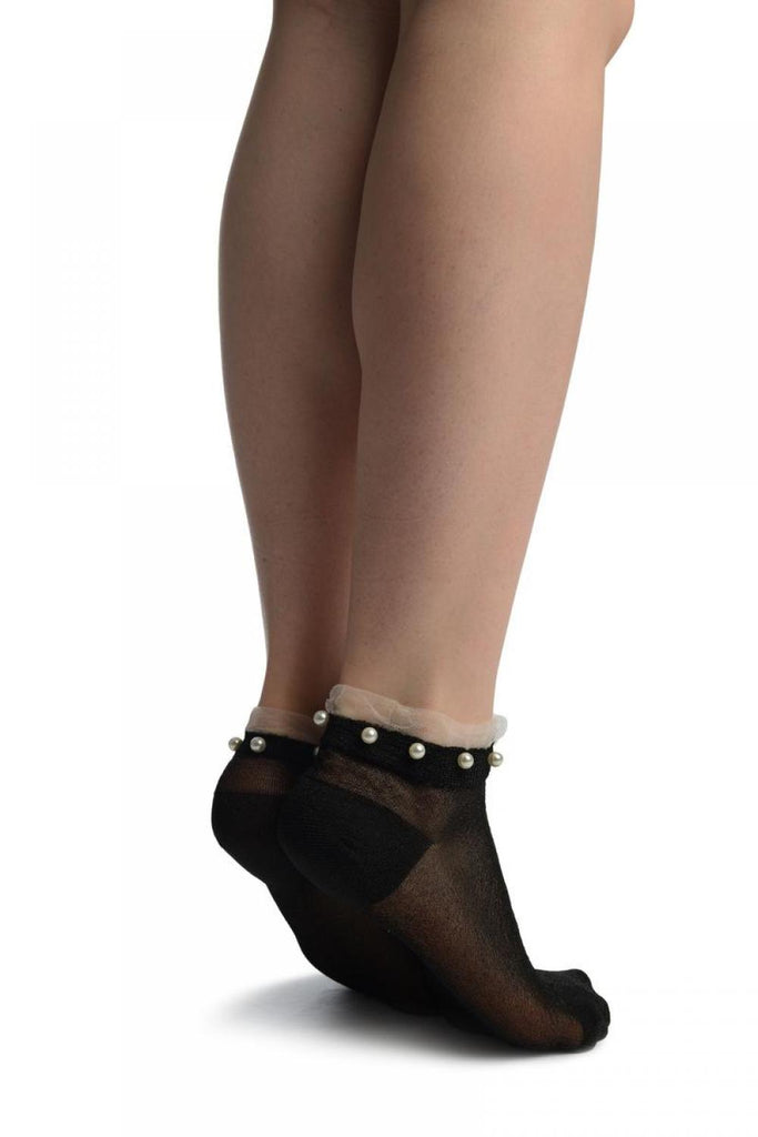 Liss Kiss Black With Black Lurex Pearls & Frills Top Footsies Socks - Footsies Socks