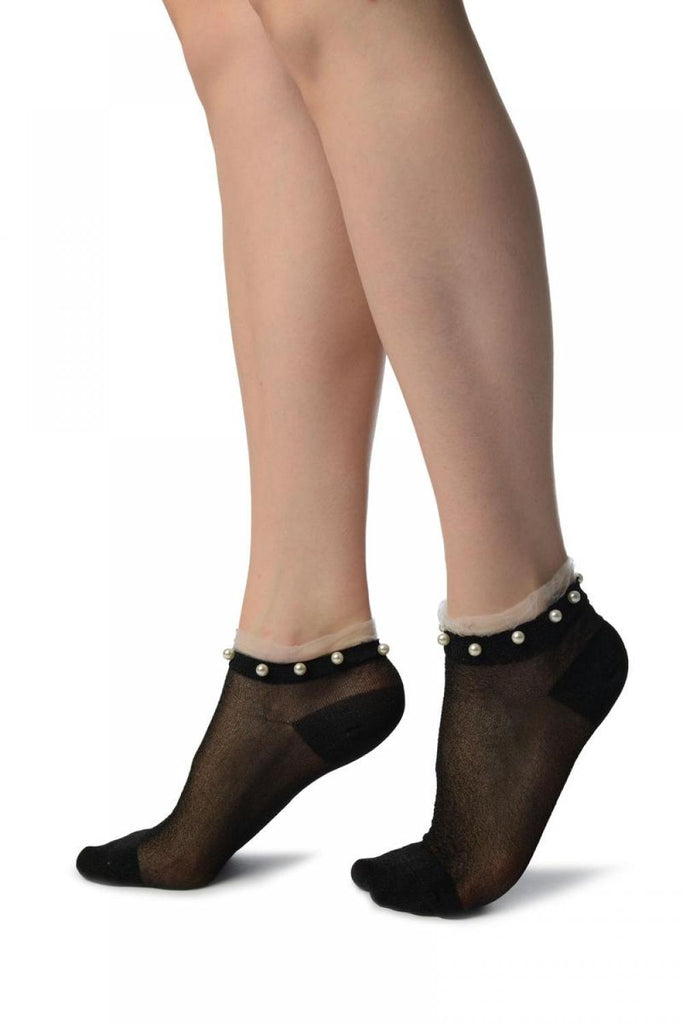 Liss Kiss Black With Black Lurex Pearls & Frills Top Footsies Socks - Footsies Socks