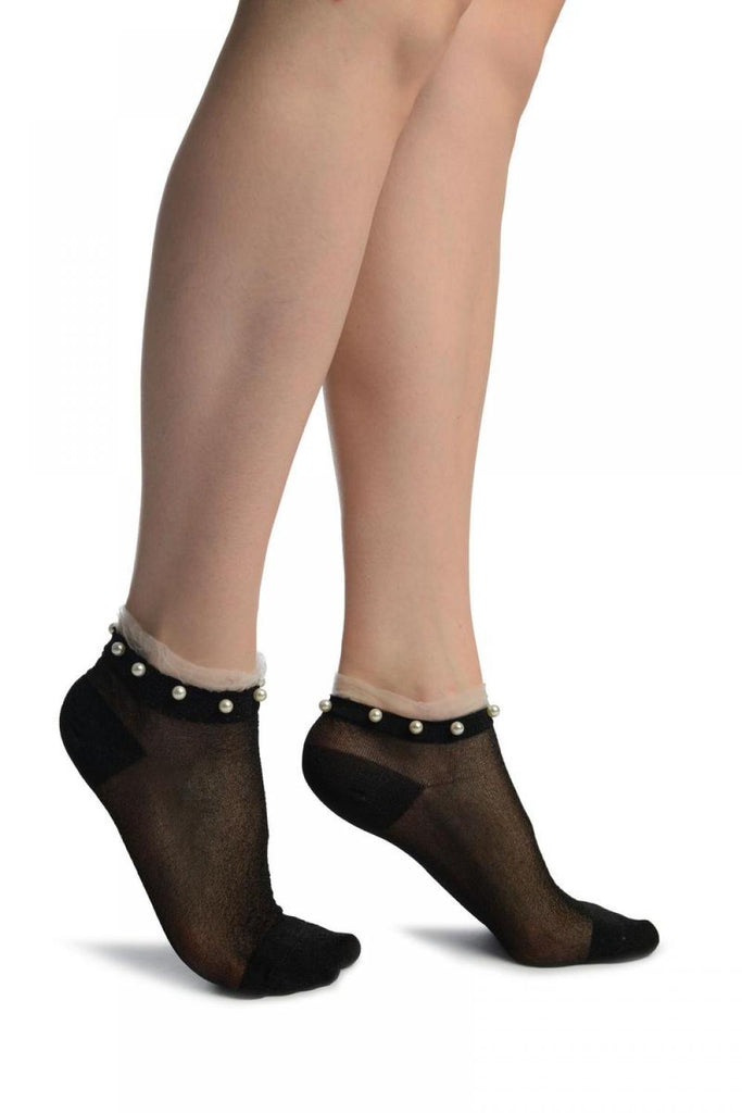 liss kiss Black With Black Lurex Pearls & Frills Top Footsies Socks - Footsies Socks