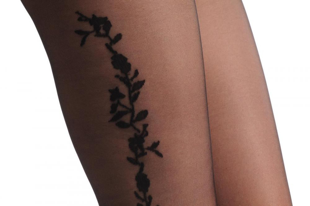 Liss Kiss Black With Black Opaque Flowers Side Seam - Tights