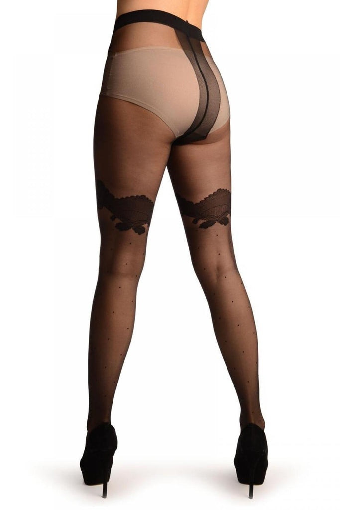 Liss Kiss Black With Black Polka Dot & Black Lace Top Tights - Tights