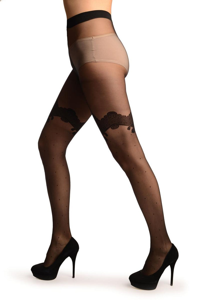 Liss Kiss Black With Black Polka Dot & Black Lace Top Tights - Tights