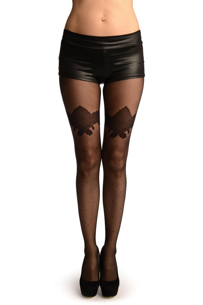 liss kiss Black With Black Polka Dot & Black Lace Top Tights - Tights