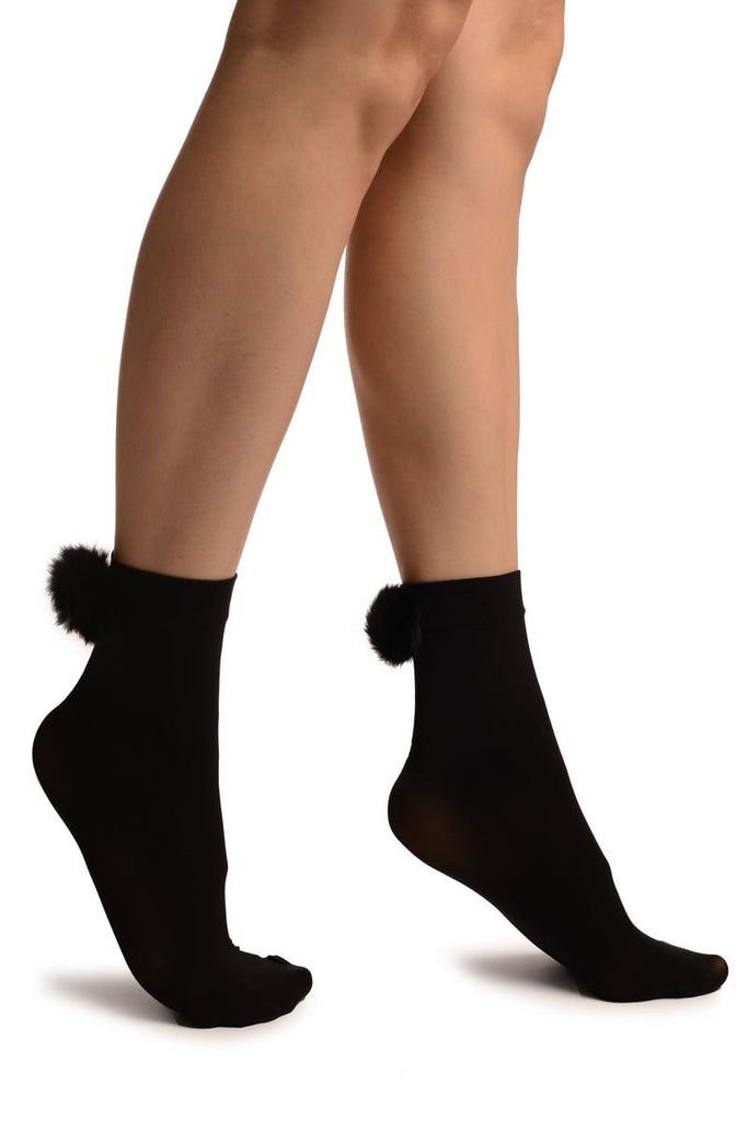Liss Kiss Black With Black Pon Pon Rabbit Fur Ankle High Socks - Socks
