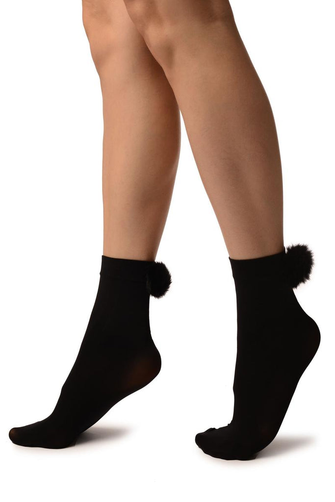 Liss Kiss Black With Black Pon Pon Rabbit Fur Ankle High Socks - Socks