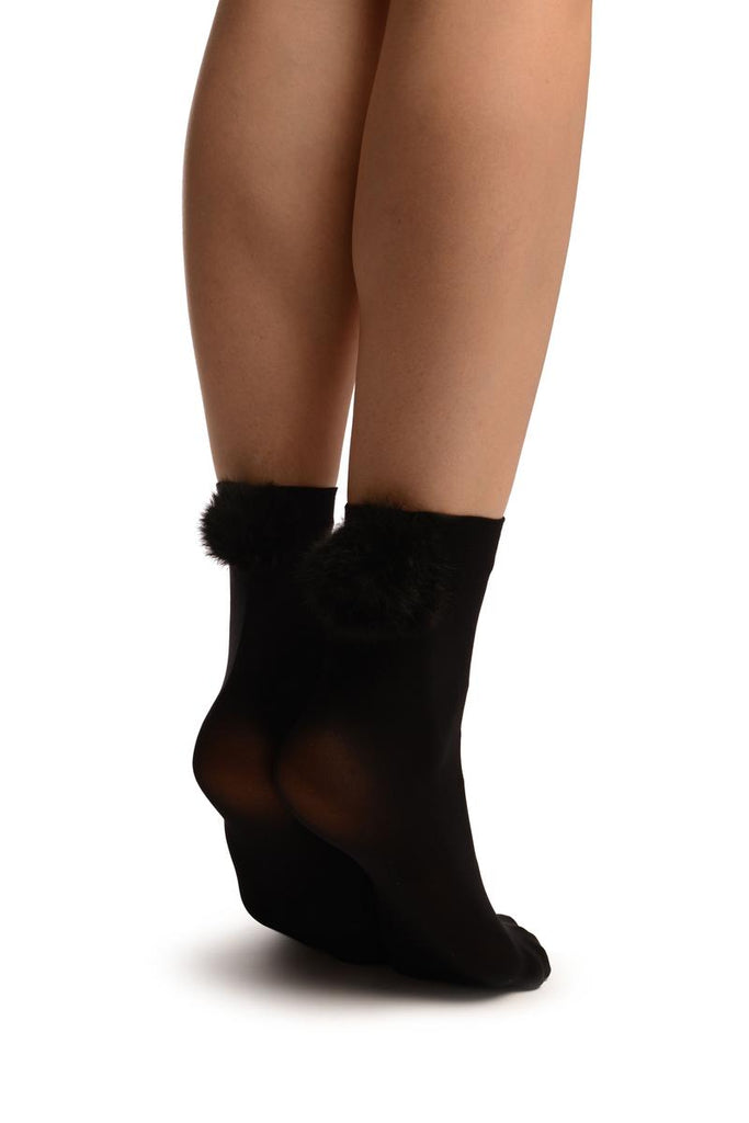 liss kiss Black With Black Pon Pon Rabbit Fur Ankle High Socks - Socks