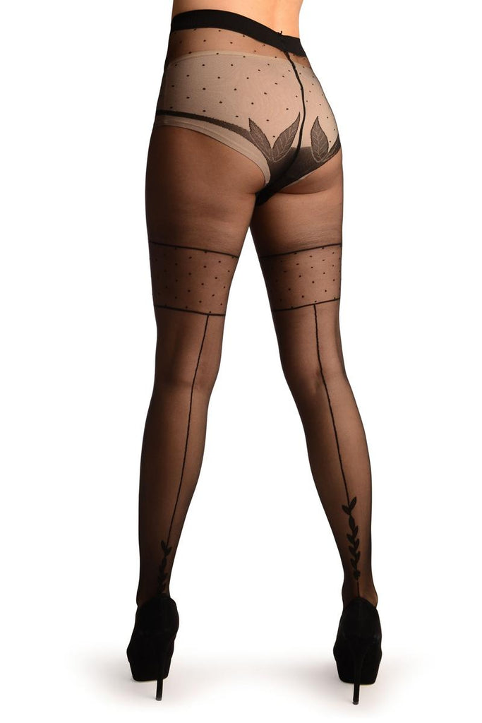 liss kiss Black With Black Seam Polka Dot and Leaves Panty Tights - Tights