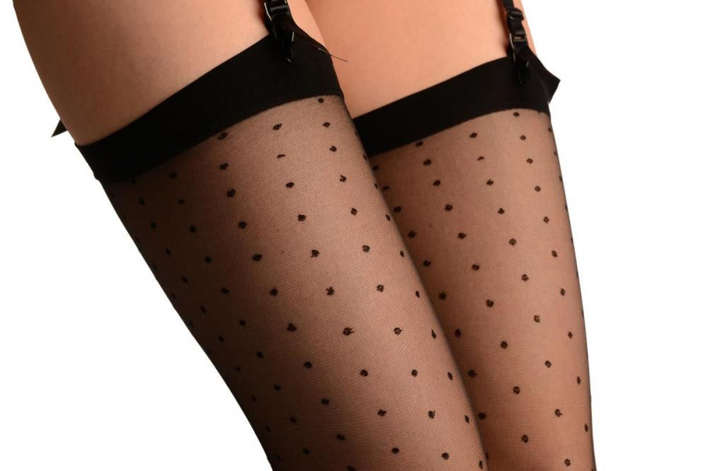 Liss Kiss Black With Black Seam Polka Dots & Bow Stockings - Stockings