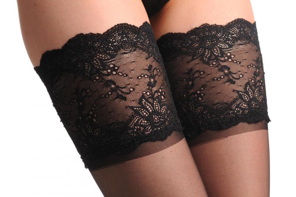 Liss Kiss Black With Black Wide Lace Floral Garter 20 Den - Hold Ups