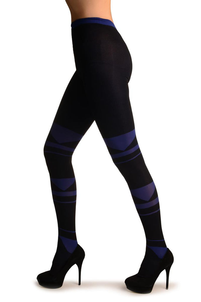 Liss Kiss Black With Blue Geometrical Stripes - Tights