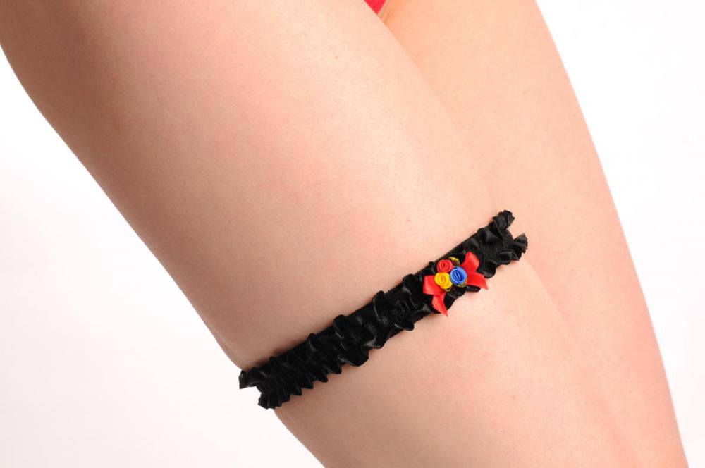 Liss Kiss Black With Blue Red & Yellow Satin Flowers & Bow - Garter