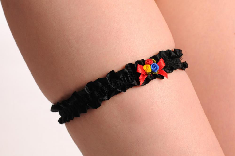 liss kiss Black With Blue Red & Yellow Satin Flowers & Bow - Garter