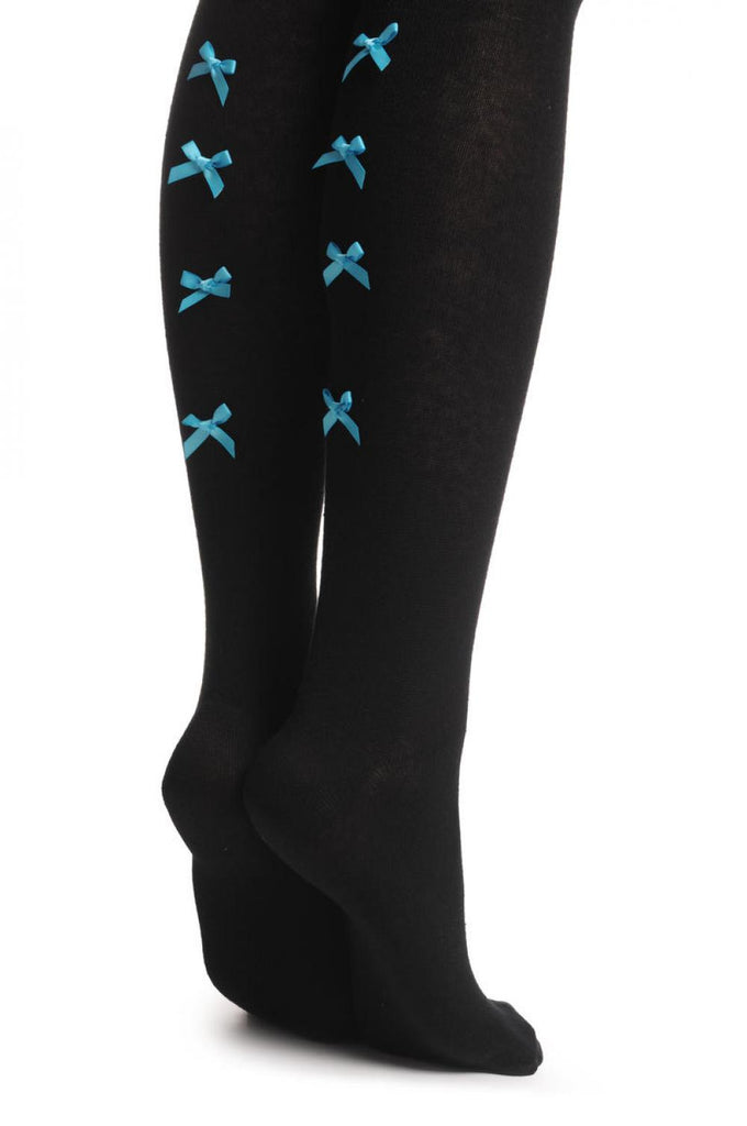 Liss Kiss Black With Blue Satin Bows At The Back - Over The Knee Socks