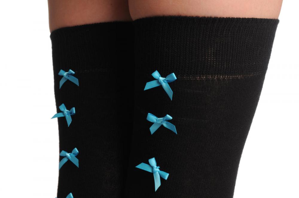 Liss Kiss Black With Blue Satin Bows At The Back - Over The Knee Socks