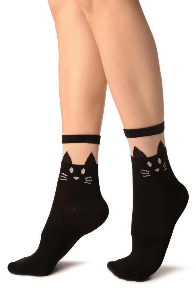 Liss Kiss Black With Cat Face Invisible Top Ankle High Socks - Socks