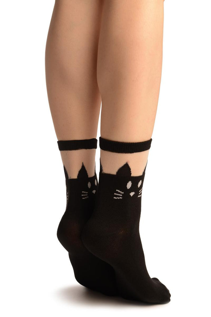 Liss Kiss Black With Cat Face Invisible Top Ankle High Socks - Socks