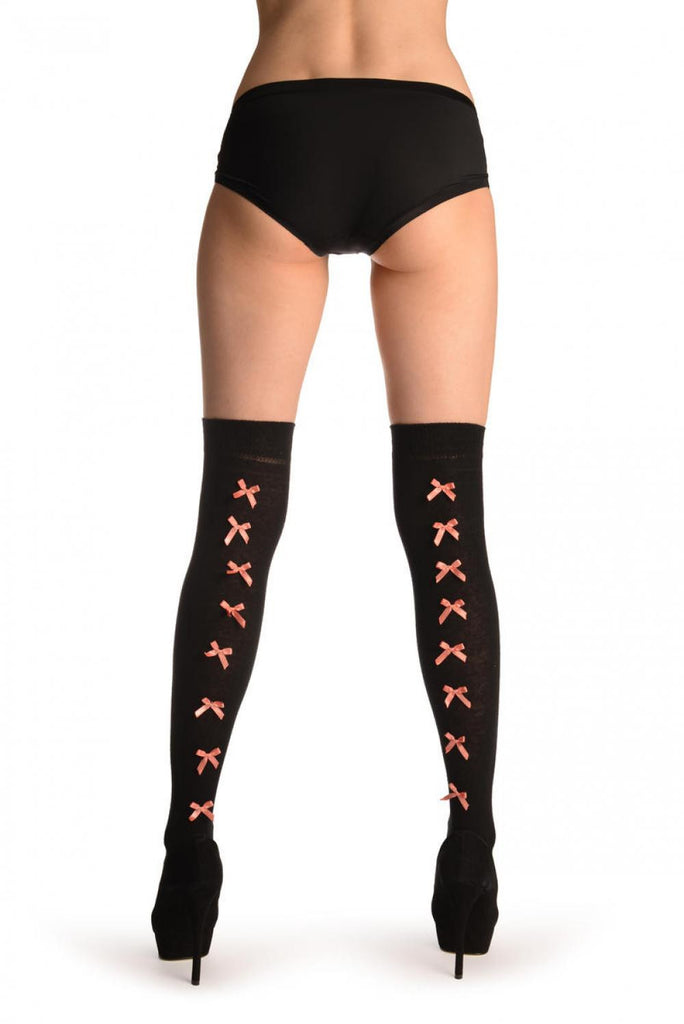 Liss Kiss Black With Champagne Pink Satin Bows At The Back - Over The Knee Socks