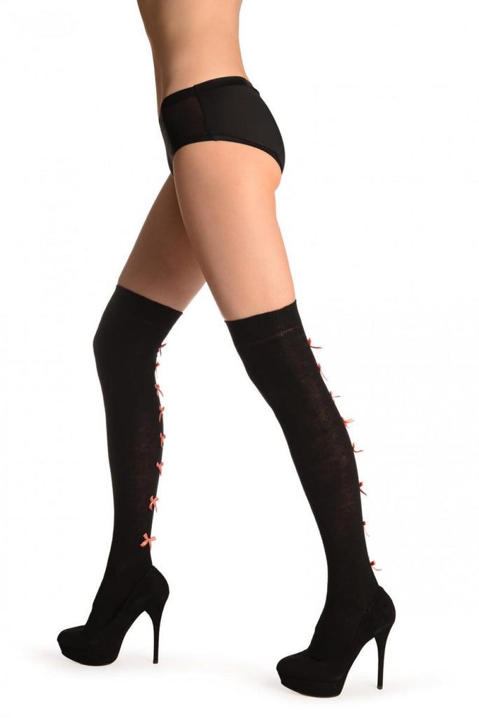 Liss Kiss Black With Champagne Pink Satin Bows At The Back - Over The Knee Socks