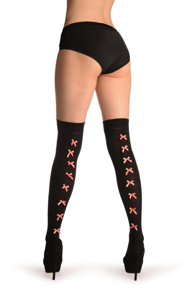 Liss Kiss Black With Champagne Pink Satin Bows At The Back - Over The Knee Socks