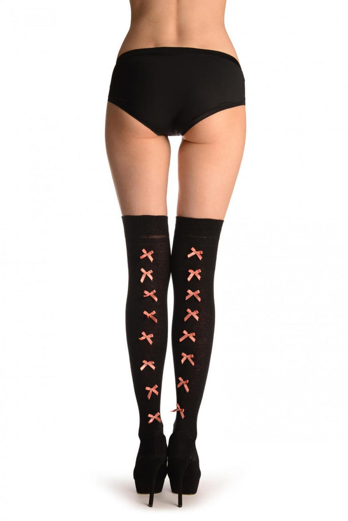 liss kiss Black With Champagne Pink Satin Bows At The Back - Over The Knee Socks