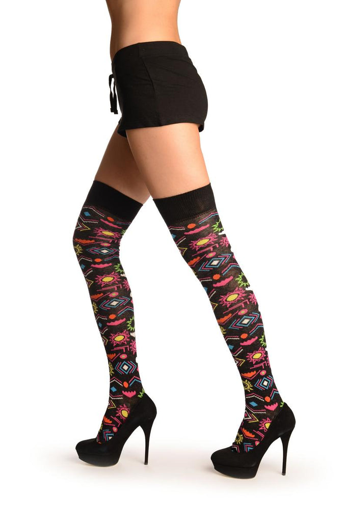 Liss Kiss Black With Colourful Aztec Stencils Over The Knee Socks - Over The Knee Socks