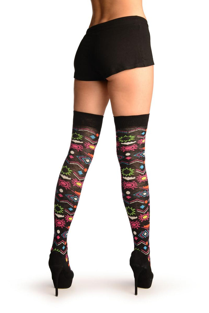 Liss Kiss Black With Colourful Aztec Stencils Over The Knee Socks - Over The Knee Socks