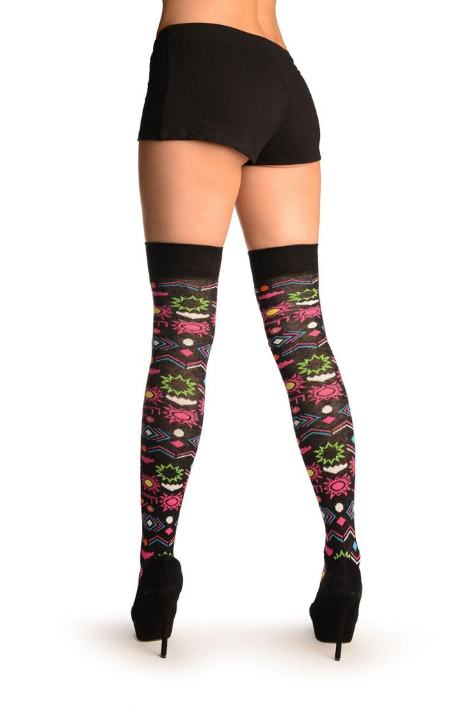 Liss Kiss Black With Colourful Aztec Stencils Over The Knee Socks - Over The Knee Socks