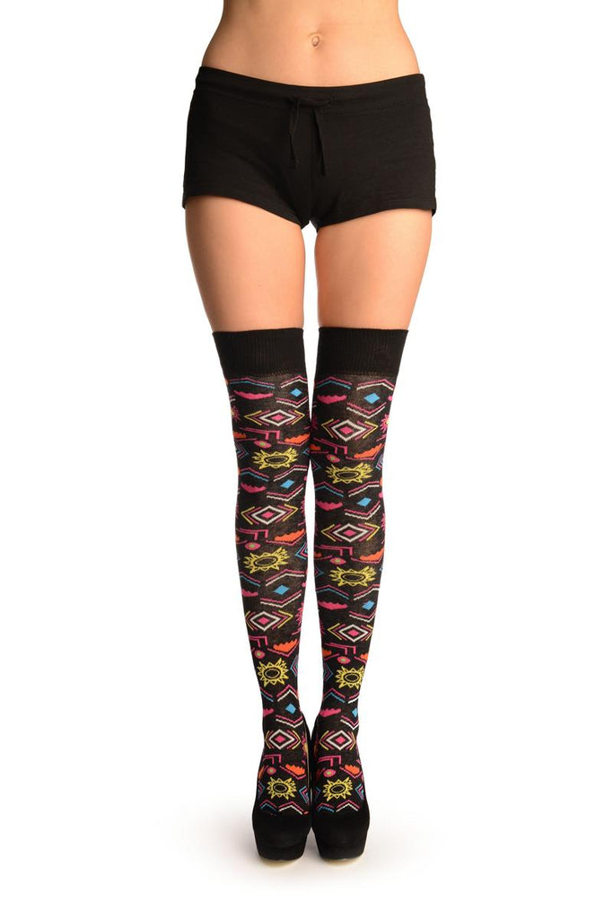 Liss Kiss Black With Colourful Aztec Stencils Over The Knee Socks - Over The Knee Socks