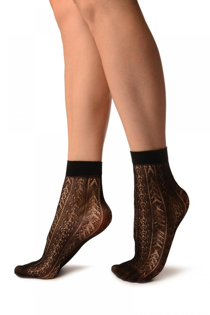 Liss Kiss Black With Crochet Stripes Lace Ankle High Socks - Socks