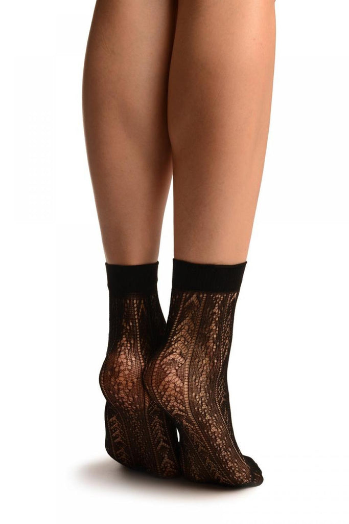 Liss Kiss Black With Crochet Stripes Lace Ankle High Socks - Socks