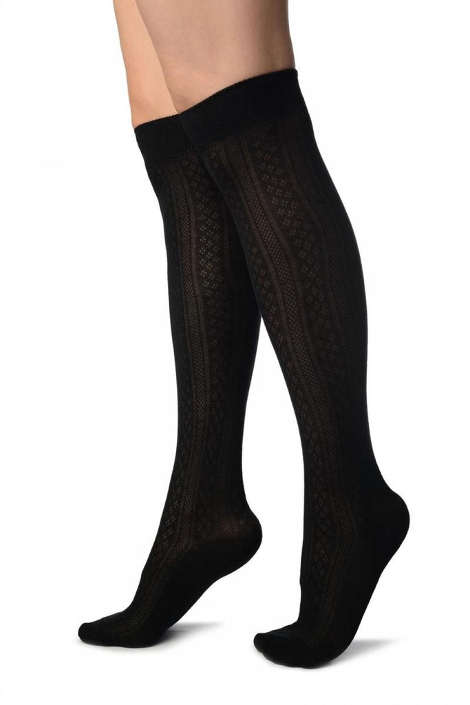 Liss Kiss Black With Crocheted Stripes Knee High Socks - Socks