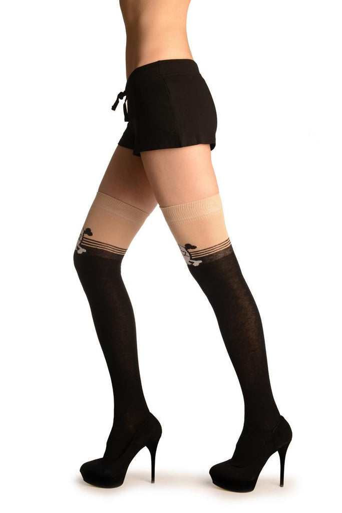 Liss Kiss Black With Crossbones & Skull On Beige (Halloween) - Over The Knee Socks