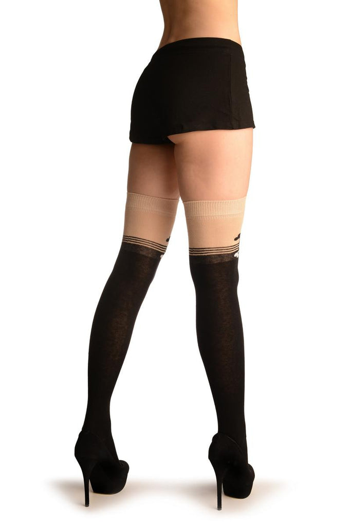 Liss Kiss Black With Crossbones & Skull On Beige (Halloween) - Over The Knee Socks