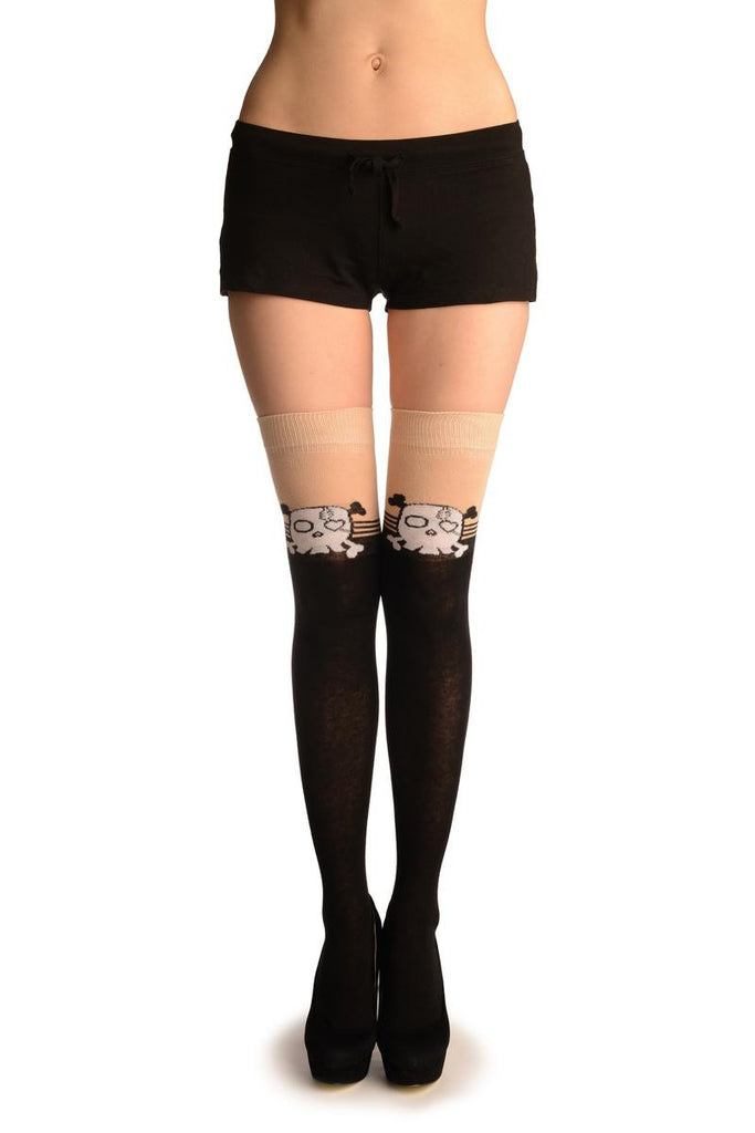 Liss Kiss Black With Crossbones & Skull On Beige (Halloween) - Over The Knee Socks