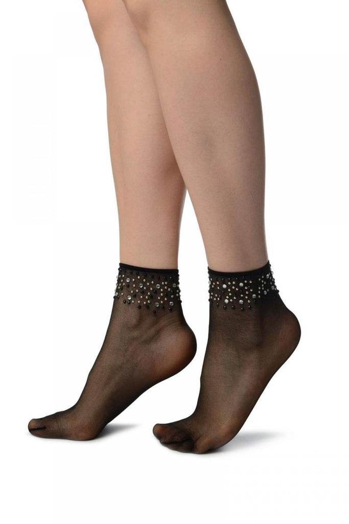 Liss Kiss Black With Crystals Ankle High Socks - Socks