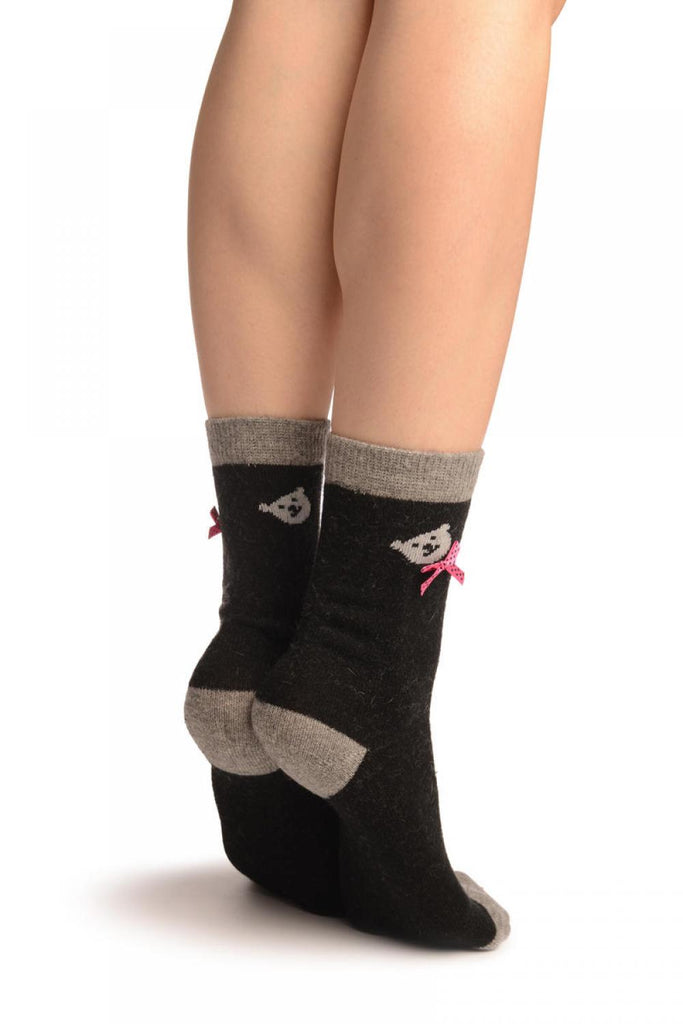 Liss Kiss Black With Cute Bear & Satin Bow Angora Ankle High Socks - Socks