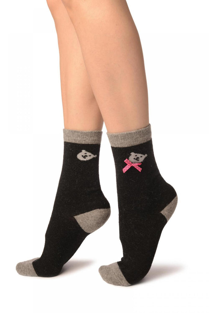 Liss Kiss Black With Cute Bear & Satin Bow Angora Ankle High Socks - Socks