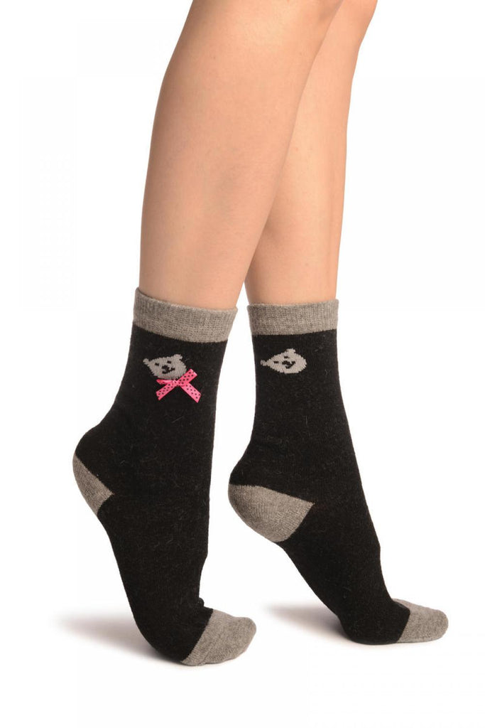 liss kiss Black With Cute Bear & Satin Bow Angora Ankle High Socks - Socks