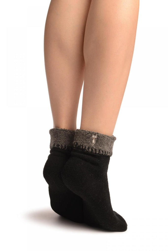 Liss Kiss Black With Cute Cat Flip Top Angora Ankle High Socks - Socks