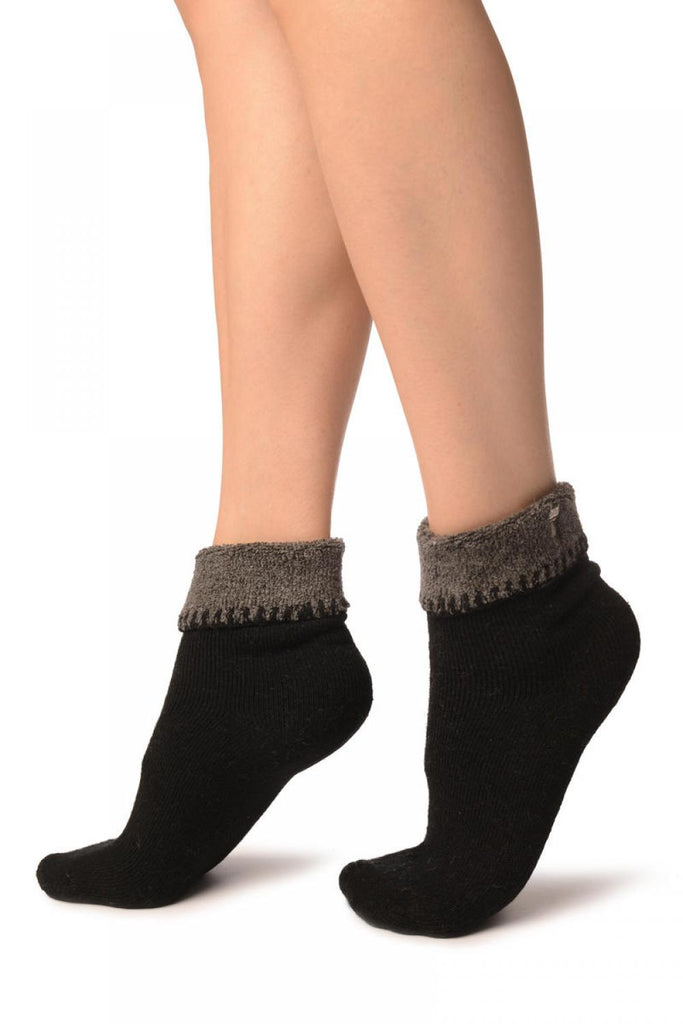 Liss Kiss Black With Cute Cat Flip Top Angora Ankle High Socks - Socks