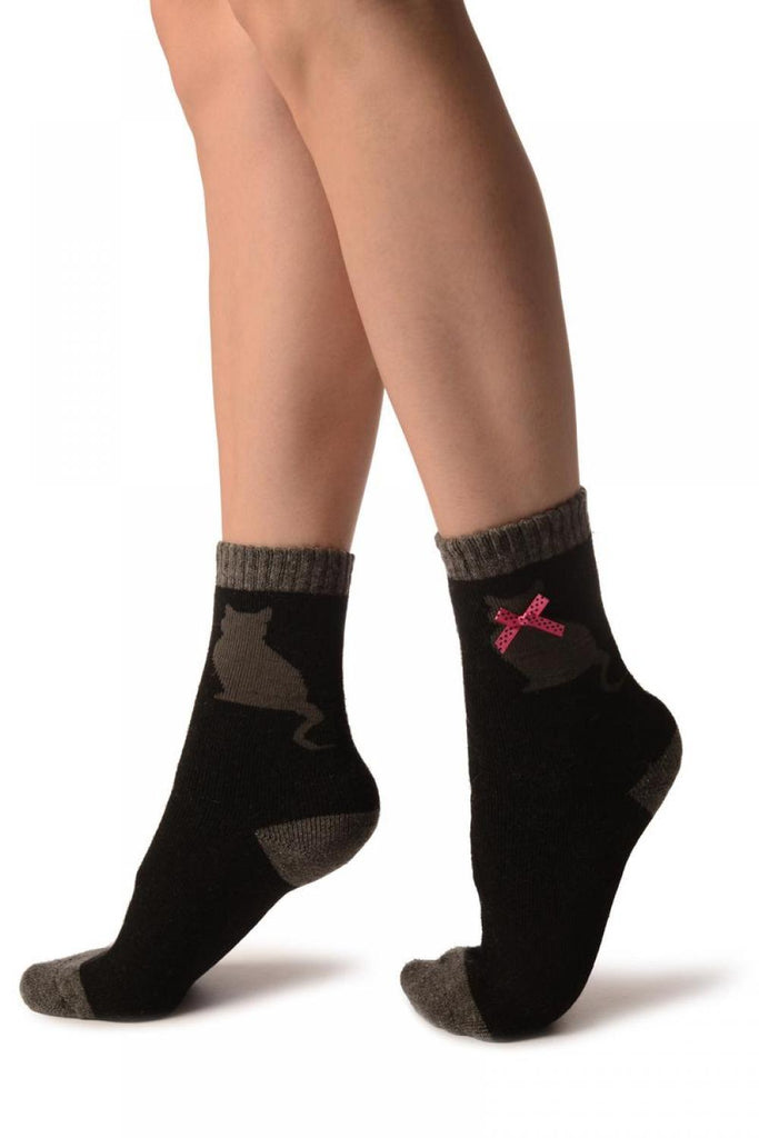 Liss Kiss Black With Cute Cat & Satin Bow Angora Ankle High Socks - Socks