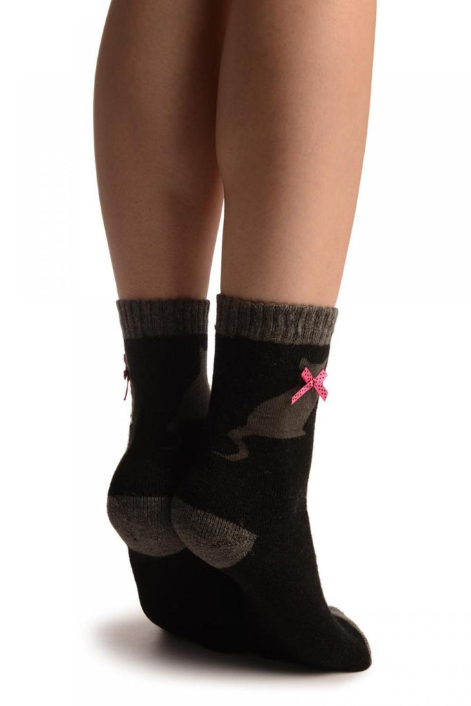 Liss Kiss Black With Cute Cat & Satin Bow Angora Ankle High Socks - Socks