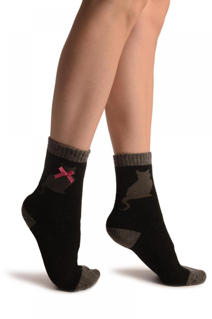 liss kiss Black With Cute Cat & Satin Bow Angora Ankle High Socks - Socks
