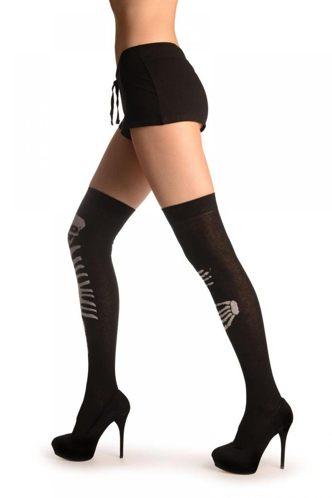 Liss Kiss Black With Cute Hugging Skeleton (Halloween) - Over The Knee Socks