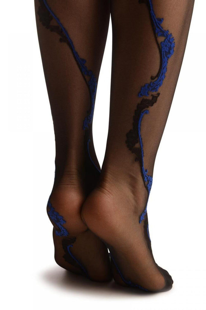 Liss Kiss Black With Dark Blue & Black Long Leaves - Tights